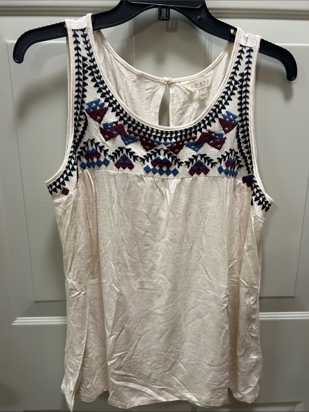 Adiva Cream Tank Top with Navy and Burgundy Embroidery